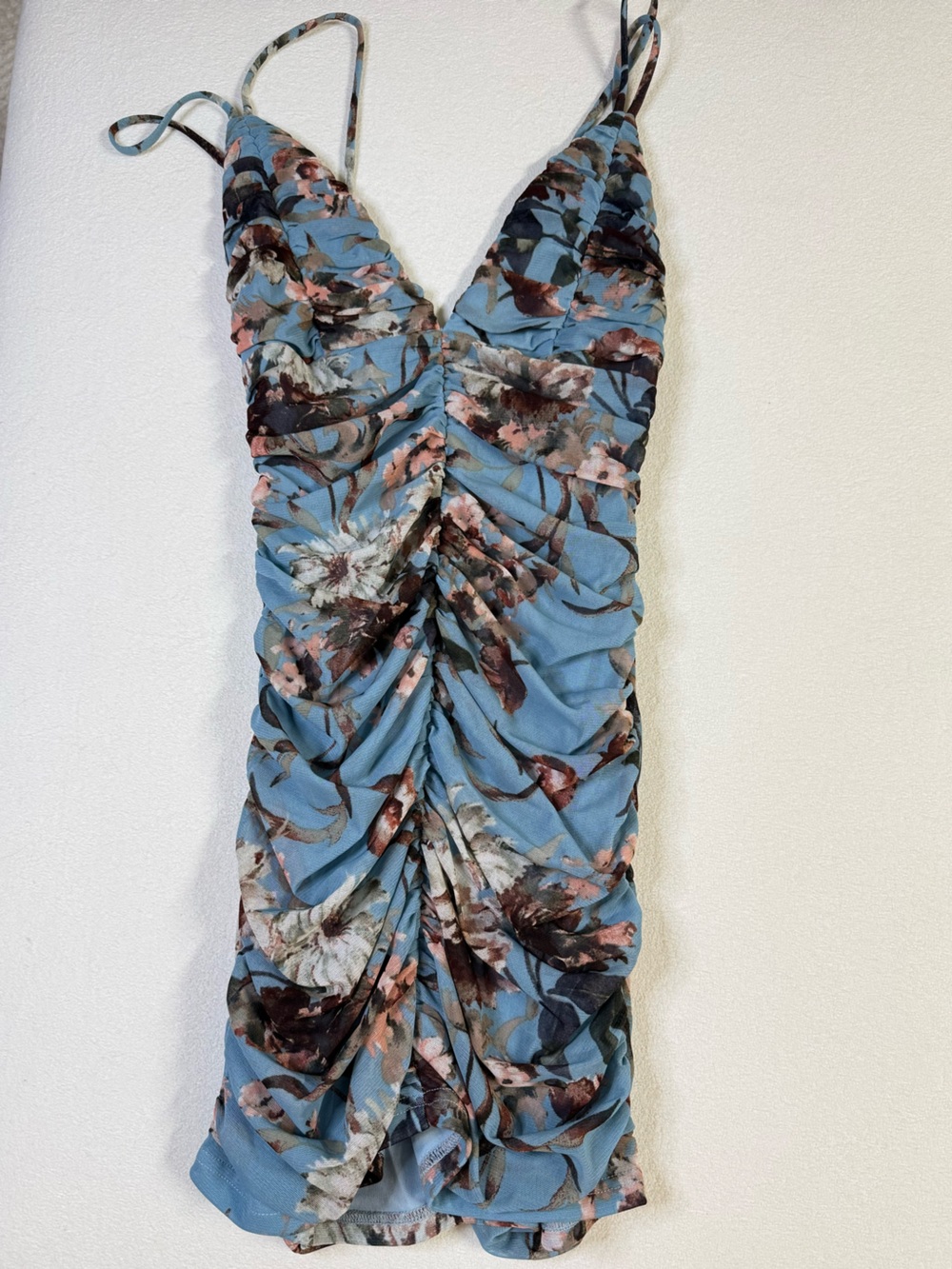 Garden Path Blue Floral Print Mesh Ruched Bodycon Mini Dress - Picture 4 of 7